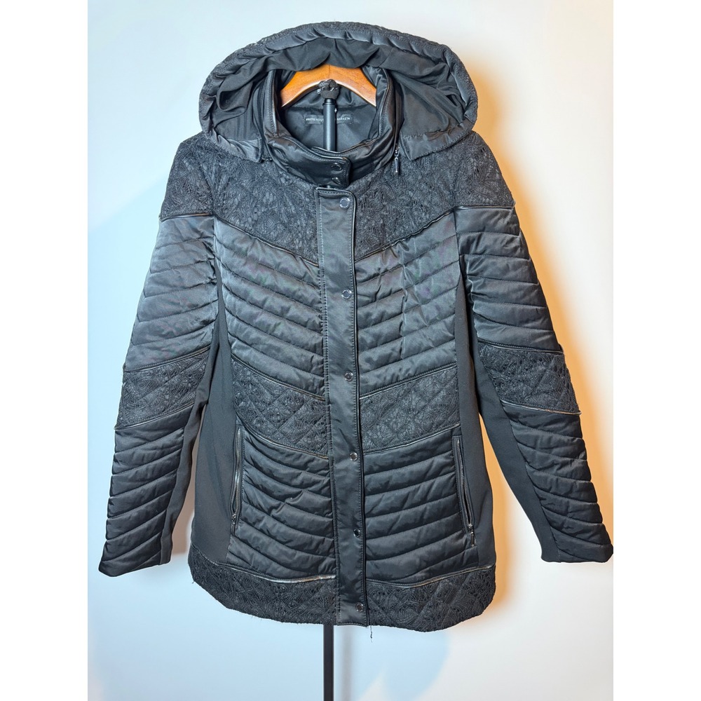White House Black Market Black Quilted Lace Trim Puffer Jacket Hooded Medium